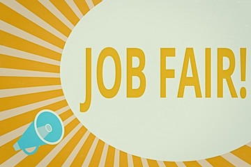 Word writing text Job Fair. Business photo showcasing event where employers offer information about their companies Megaphone Make Voice Louder Loudspeaker Handheld Amplify Sound System