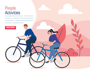 banner of young couple riding bike in landscape vector illustration design