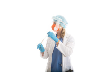 Doctor nurse or pathologist holding a nose throat swab for COVID-19  or flu virus