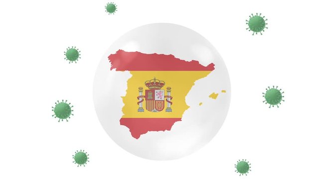 Spain map inside with flag in crystal ball protect from corona or covid-19 virus, lock down Spain ,virus protection concept, stay home,work from home, overcome virus ,on white,black, green screen