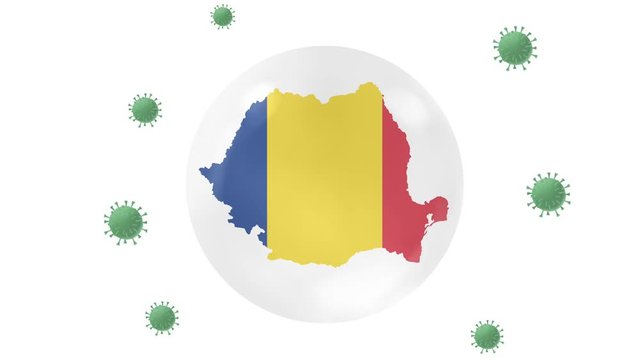 Romania map inside with flag in crystal ball protect from corona or covid-19 virus, lock down Romania ,virus protection concept, stay home,work from home, overcome virus ,on white,black, green screen