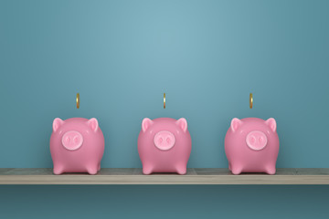 Front view with three piggy bank on sea-green background on a wooden shelf. Render 3D illustration. 