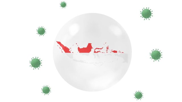 Indonesia map inside with flag in crystal ball protect from corona or covid-19 virus, lock down Indonesia ,virus protection concept, stay home,work from home, overcome virus ,on white,black, green scr