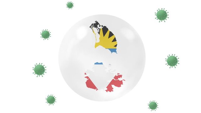 Antigua & Barbuda map inside with  flag in crystal ball protect from covid-19 virus, lock down Antigua & Barbuda ,virus protection concept, stay home,work from home, overcome virus ,on white