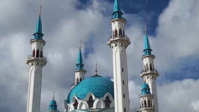 Timelapse juma cathedral central marble mosque Kazan. Beautiful cloud movement Kremlin republic Tatarstan main cinematic attraction. Turquoise minarets blue dome. Facade decor. Islam religion Russia