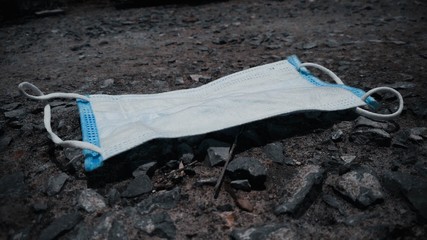 Higienic mask on floor. Disposable hygienic mask. Conceptual hygiene