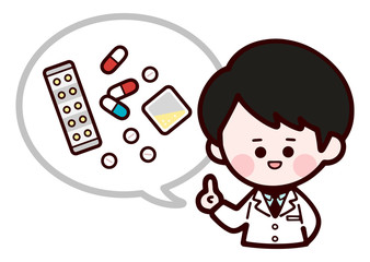 Man Doctor describing medicine / lab coat / speech bubble