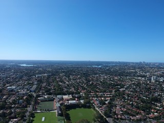 Drone panoramic aerial view of Sydney NSW Australia city Skyline and looking down on all suburbs 
