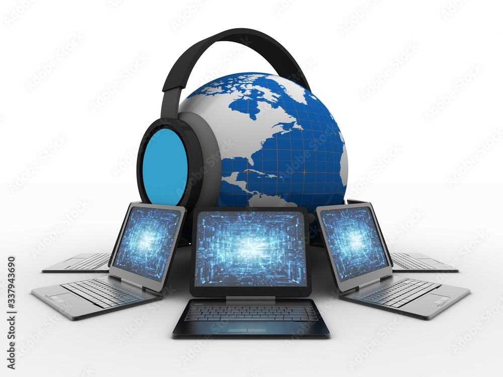 Poster 3d rendering computer network with head phone globe