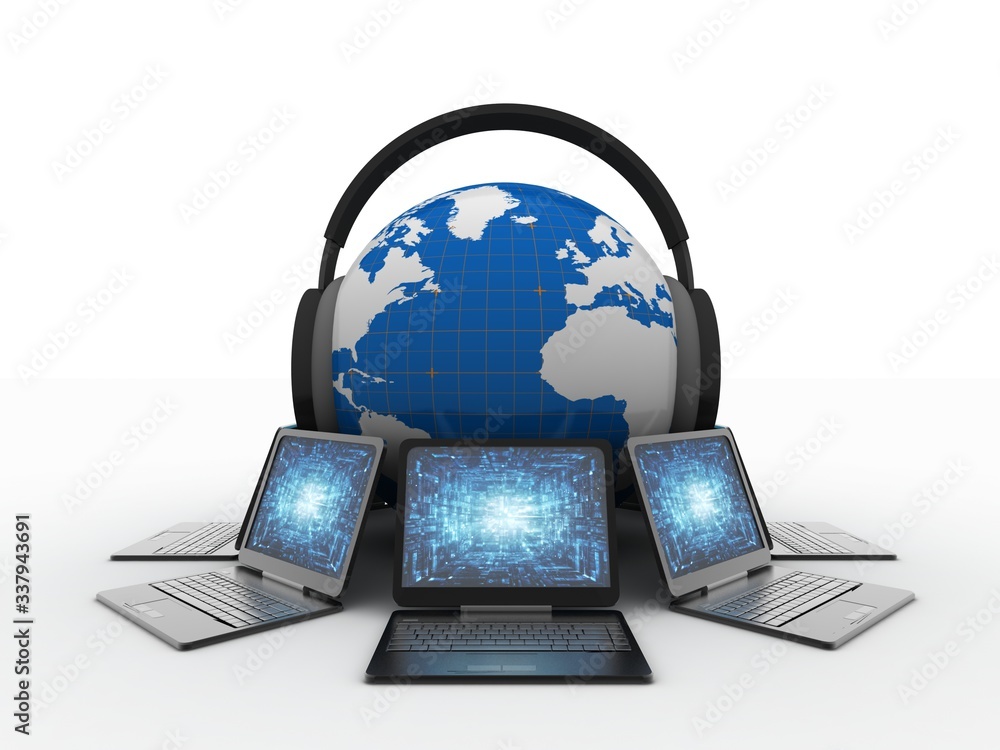Poster 3d rendering computer network with head phone globe