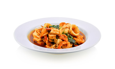 Stir Fried Seafood with Chilli Paste on white background
