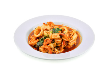 Stir Fried Seafood with Chilli Paste on white background