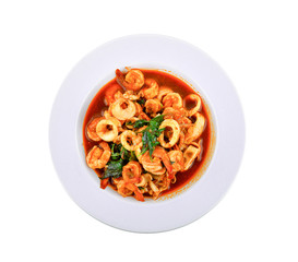 Stir Fried Seafood with Chilli Paste on white background