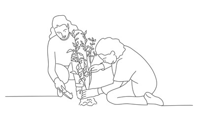 Line drawing of women works in the garden. Gardening or planting concept. Vector illustration.