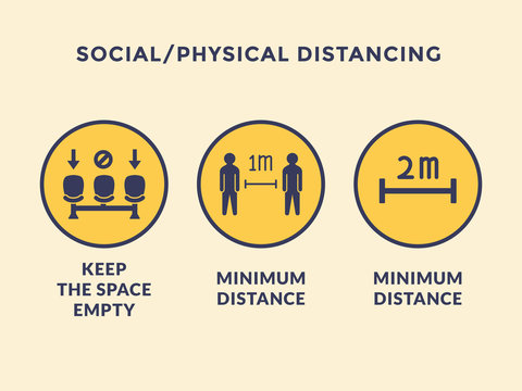 social distance or physical distancing icon collection with chair and minimum distance
