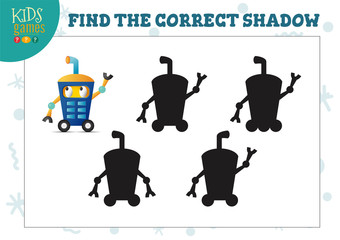 Find the correct shadow for cute cartoon robot educational preschool kids mini game