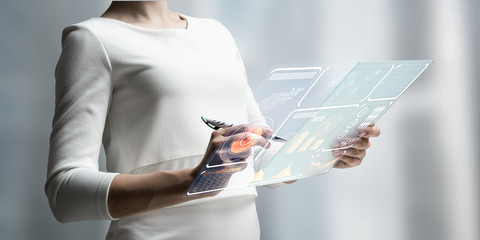 Businesswoman hands using virtual interface