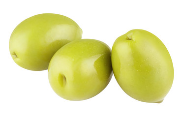 Obraz premium Close-up of three delicious green olives, isolated on white background