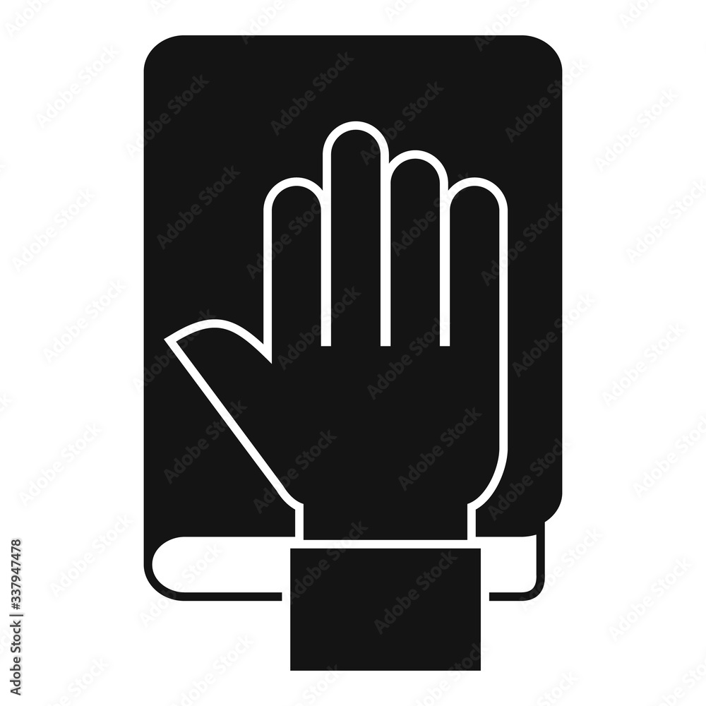 Poster hand on judge book icon. simple illustration of hand on judge book vector icon for web design isolat