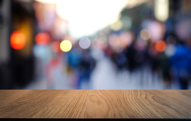 Wood Table Top in Blur Background room interior with empty copy space.