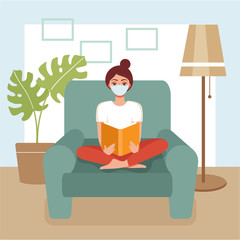 A young woman in mask sits on a couch and reads a book.Concept of home activity,self-isolation,isolation, quarantine.Prevention of the epidemic of coronavirus, covid 19. Flat vector illustration.
