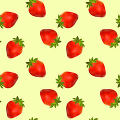 Seamless vector pattern of realistic strawberries scattered randomly on a light yellow background. Suitable for summer motifs and screensavers, as well as scrapbooking paper.