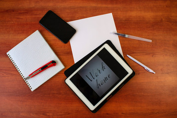 photo of a home workplace with a computer and with text - work at home