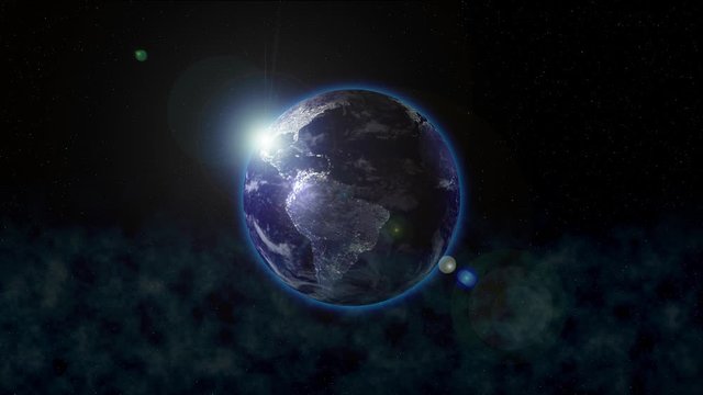 The planet Earth rotates in space at night