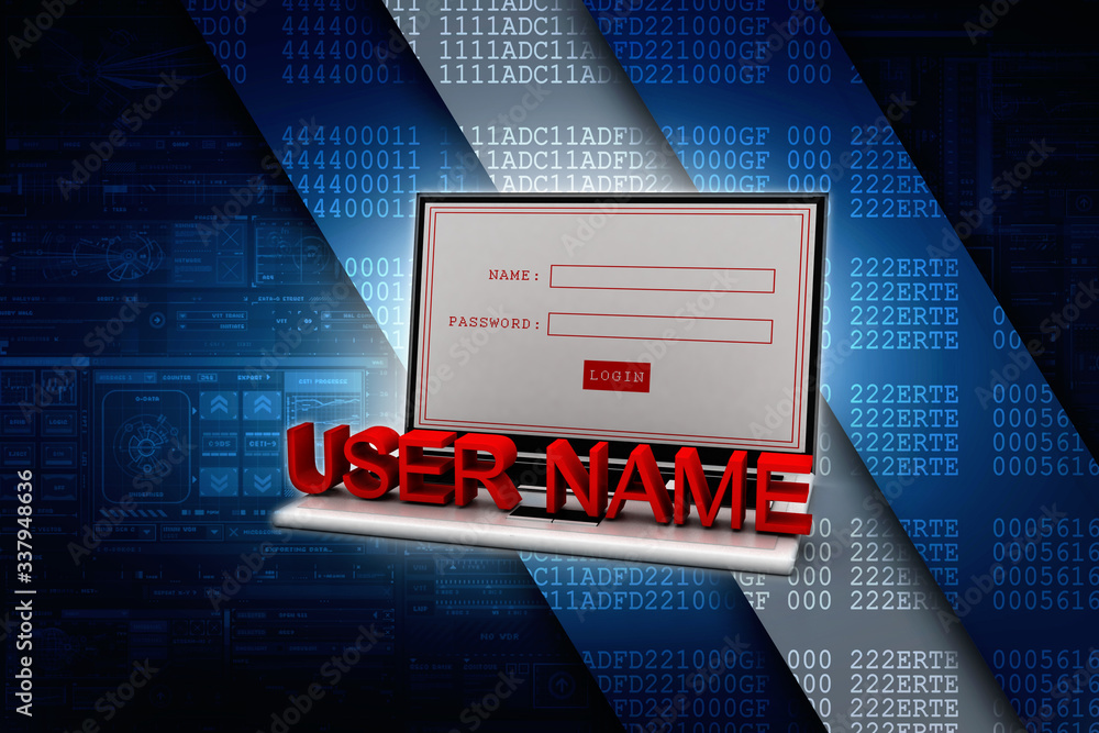 Poster 3d rendering laptop with username text