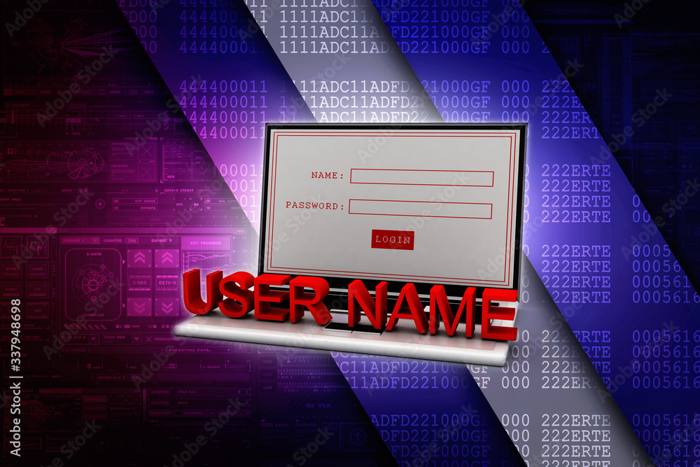Poster 3d rendering laptop with username text