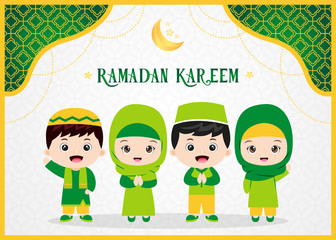 Ramadan Kareem greeting card with muslim kids