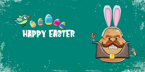 Vector rock star easter potato funny cartoon character with blue easter bunny ears isolated on turquoise horizontal banner background. rock n roll easter party poster or happy easter greeting card