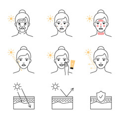 UV rays skin damage and protection vector icons