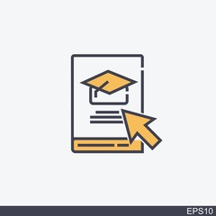 internet education concept,distant online courses, e-learning resources.book icon with a picture of a toge hat and cursor.vector design
