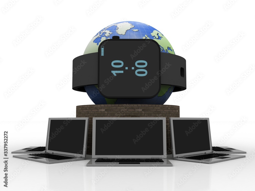 Poster 3d rendering fitness bracelet smart watch with computer network