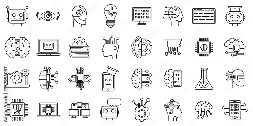 Poster science machine learning icons set. outline set of science machine learning vector icons for web des
