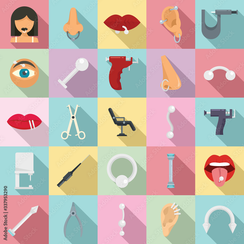 Poster piercing icons set. flat set of piercing vector icons for web design