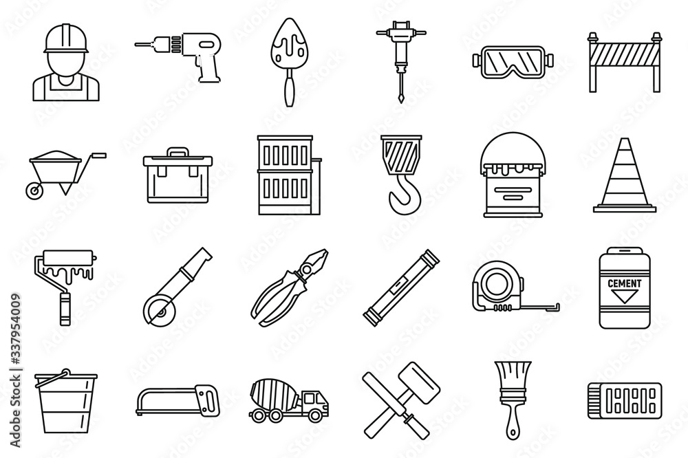 Poster modern building reconstruction icons set. outline set of modern building reconstruction vector icons