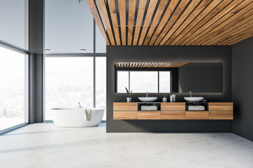 Gray and wooden panoramic bathroom interior