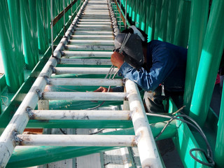 Welding work ,worker with protective welding metal on construction