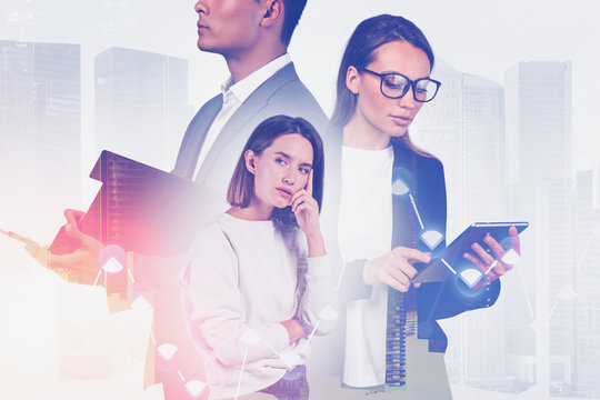 Diverse business team in city, financial graph - Powered by Adobe