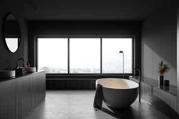 Gray and wooden bathroom with tub and sink