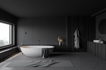 Fototapeta na wymiar Gray and wooden bathroom, tub and sink