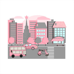 Naklejka premium Big city skyline scene. Pink and red line outline vector illustration.