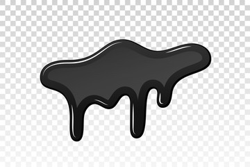 Drip paint 3D. Ink stain. Drop melt liquid isolated on white transparent background. Splash of chocolate, oil, blood. Black graffiti. Splatter syrup, candy sauce, caramel. Vector illustration