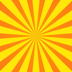 Orange yellow ray background. Vintage abstract texture. Retro starburst, sun beam. Halftone color. Light burst. Bright shine sunburst. Empty scrapbook surface. Clean nature energy. Vector illustration