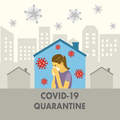 A woman infected Covid-19 Coronavirus disease and self isolation at home. Woman sneezing with virus cells around. Coronavirus pandemic and social distancing. Stay at home campaign to stop covid-19.