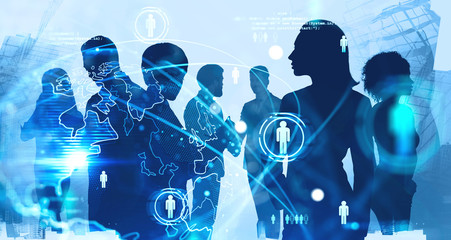 Business people in city, social network interface