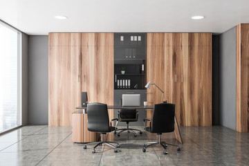 Panoramic gray and wooden CEO office