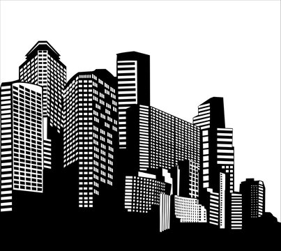 Vector illustration in simple minimal geometric flat style - city landscape with buildings. Isolated on white background